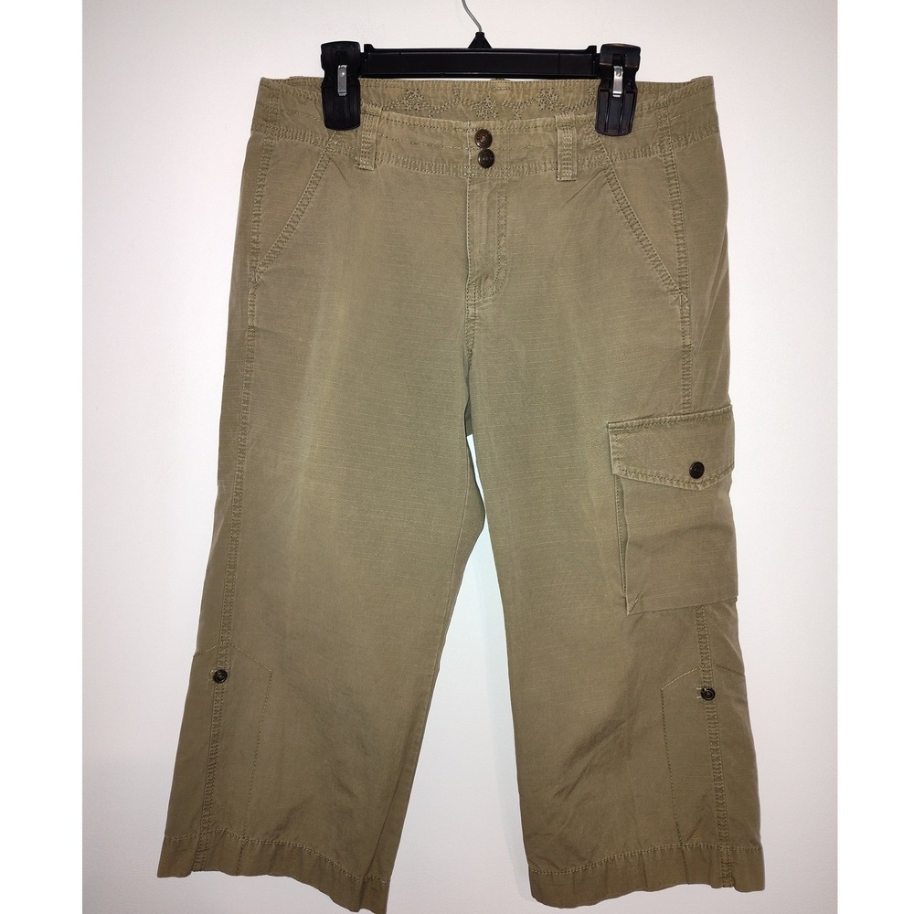 Gap Womens Cargo Capri Pants Khaki Green Cotton Ripstop Roll Tab Utility Size 10